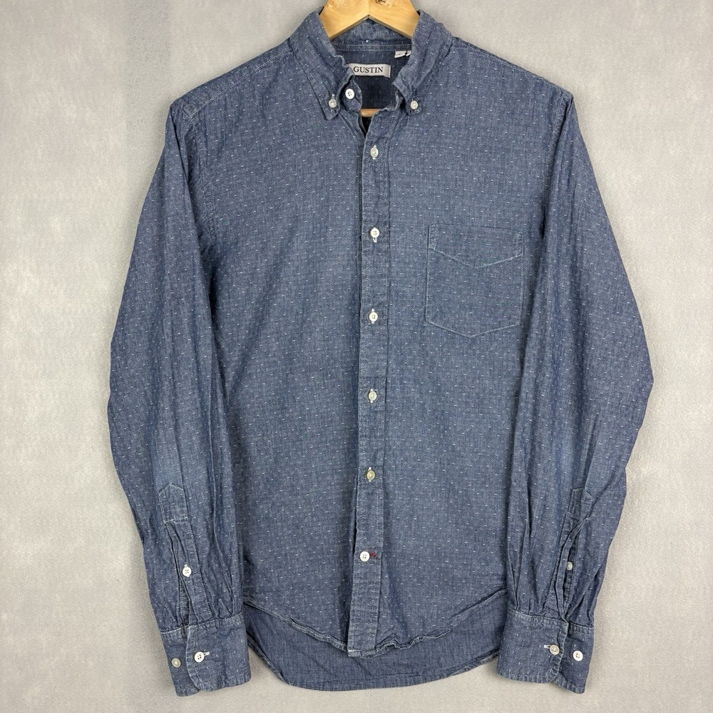 Gustin Button Down Shirt Mens Medium Blue Long Sleeve Made In USA Slim Fit